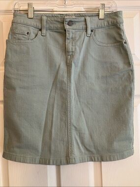 L.L.BEAN Favorite Fit Denim Straight Pencil Sage green Jean Skirt 2 back slit